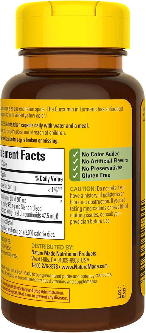 Nature Made Turmeric Curcumin 500 mg, Herbal Supplement, 60 Capsules, 60 Day Supply
