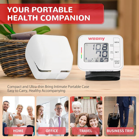 Portable Blood Pressure Monitor Wrist, Adjustable Cuff 5.3-8.5in, Large LCD, Home Use with Carrying Case