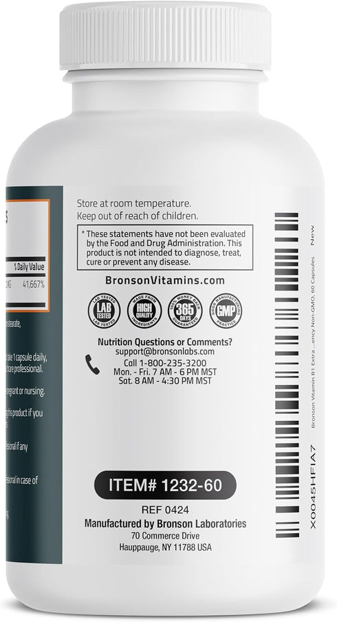 Bronson Vitamin B1 Extra Strength 500 MG, 60 Capsules | High Potency Non-GMO