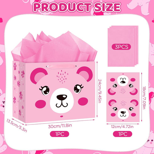 Peconal 1st 2nd 3rd Pink Bear Gift Bag for Baby Shower Pink Bear Baby Shower Birthday Gift Wrapping Paper Bag