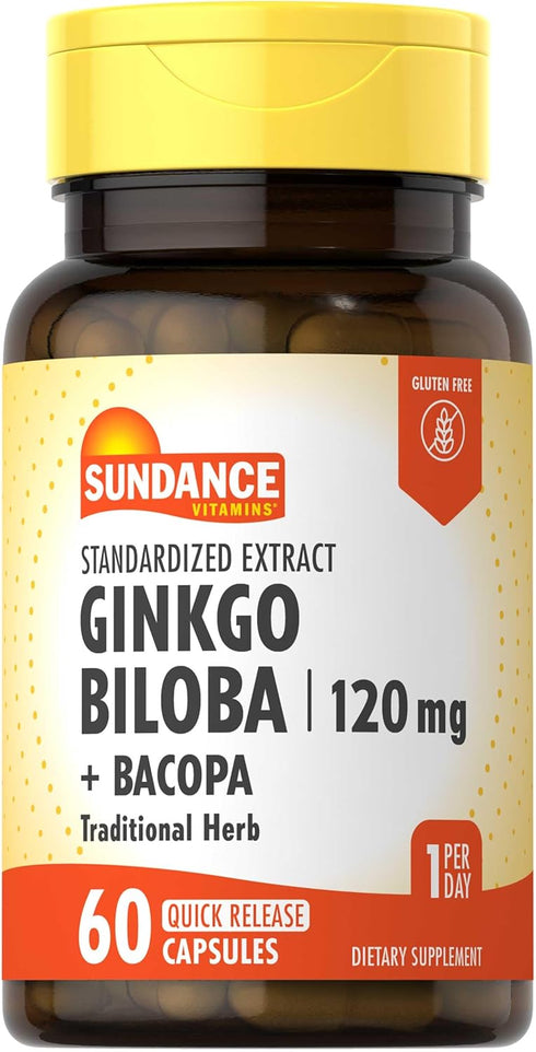 Sundance Ginkgo Biloba 120mg | 60 Capsules | Standardized Extract with Bacopa, Gluten Free Herb Supplement