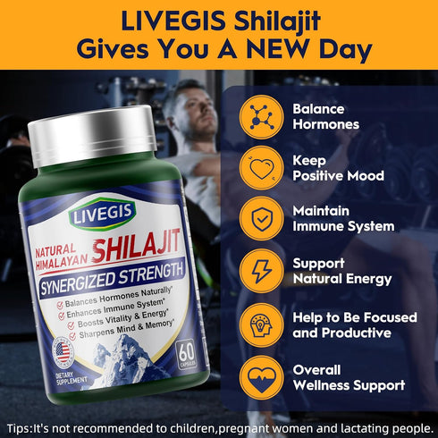 Immunity, 60 Counts Himalayan Shilajit Capsules Balance Hormones, Boost Enhance Vitality & Memory, High-Potency