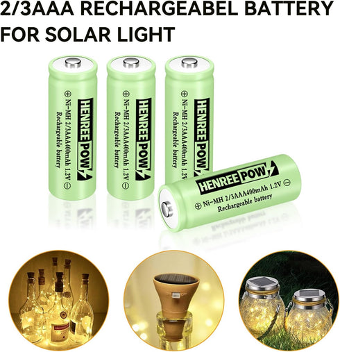 Henreepow Ni-MH 2/3AAA 1.2V 400mAh Rechargeable Batteries, 12 Pack for Solar Lights