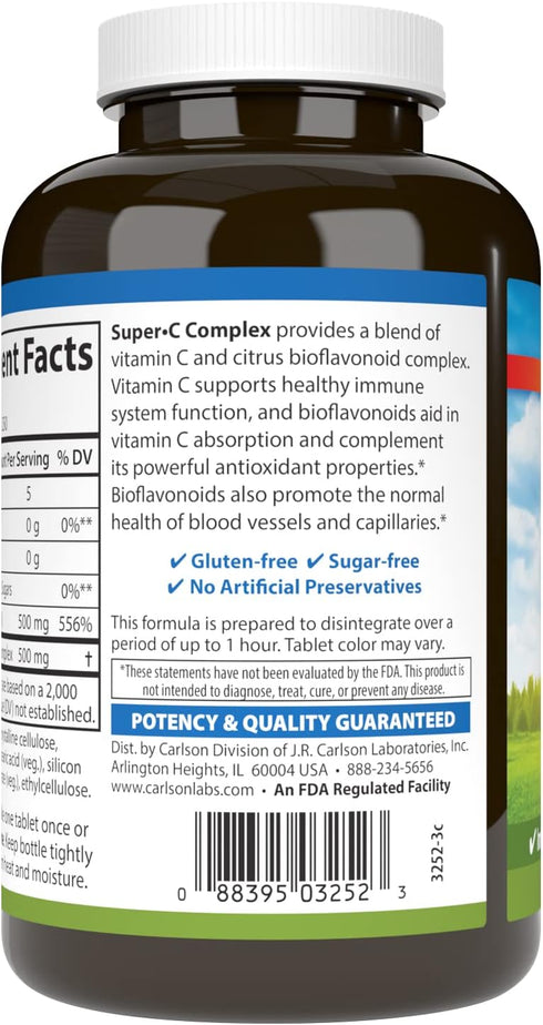 Carlson Super-C Complex Vitamin C + Bioflavonoids for Immune Function & Optimal Wellness (250 Vegetarian Tablets)