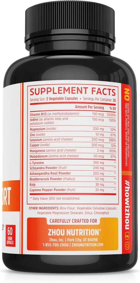 Zhou Thyroid Support Complex with Iodine Supplement, Increase Energy, Fight Brain Fog with Vitamin B12, Iodine, Magnesium, Zinc, Selenium, No Soy, Gluten-Free, 30 Servings, 60 Caps