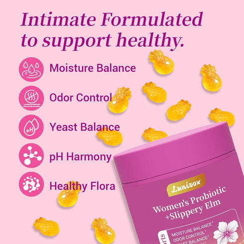 Lunivox Gummies Immune 60 Count Her Juicy Feminine Probiotics for Women, with Prebiotics & Slippery Elm - Promotes pH