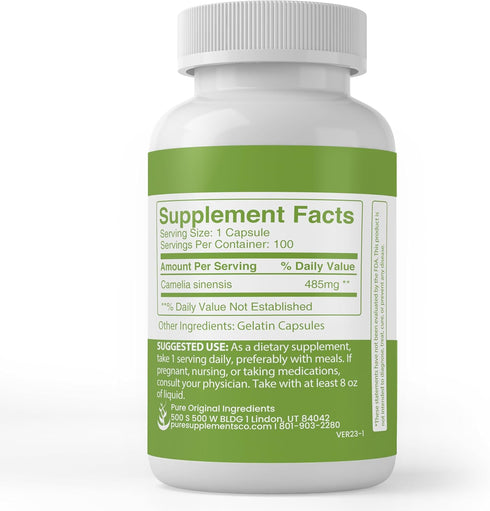 Green Tea Extract (100 Capsules) Always Pure, No Additives: PURE ORIGINAL INGREDIENTS