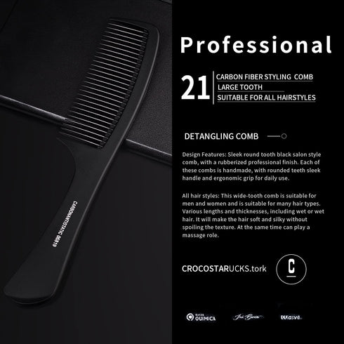 Large Detangling Comb - Professional Handle, Carbon Fiber, Cutting, Hairdressing, Styling, Round Tooth, Travel Hair