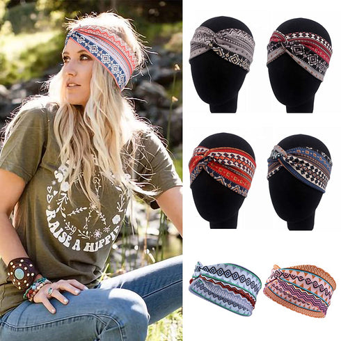 MarchQueen Boho Headbands for Women, Vintage Print Twisted Hair Bands, Stretchy Criss Cross Turban Headwrap (Boho-6pcs)