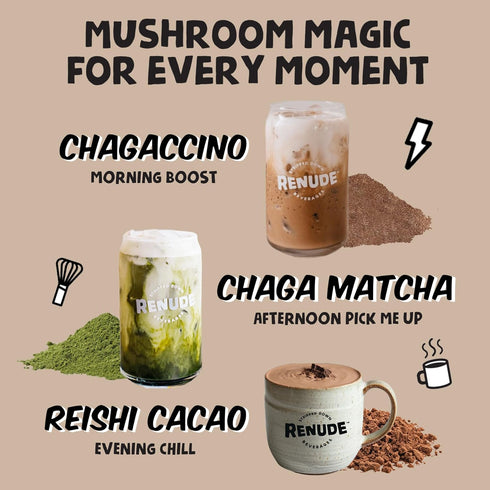 Pack 2 2 2 (6 Count) Renude Variety - Mushroom Matcha, Coffee & Hot Chocolate, Cacao Powder, Natural Vegan Superfoods
