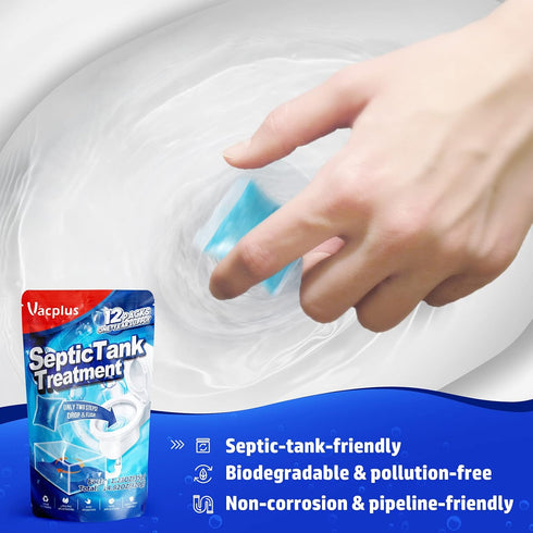 Vacplus Septic Tank Treatment 12 Pcs, 1-Year Supply of Dissolvable Packs for Wastes, Greases & Odors