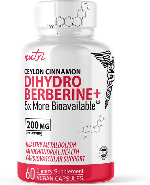 Dihydroberberine Supplement - 200mg, 60 Capsules - with Ceylon Cinnamon, 5X More Effective Than Regular Berberine HCL