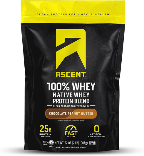 Ascent 100% Whey Protein Powder - Post Workout Isolate, Gluten Free, Chocolate Peanut Butter, 2 lb
