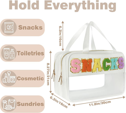 Snack Bags for Travel, Varsity Letter Pouch, Clear Toiletry Bag, Preppy Cosmetic Bag for Women, PU Leather