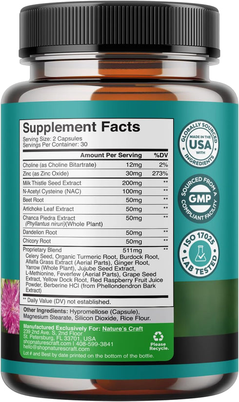 Liver Support Supplement with NAC - Herbal Liver Supplement with N Acetyl Cysteine Silymarin Milk Thistle Extract Dandelion Root Artichoke Extract Choline Bitartrate and Berberine for Liver Cleanse