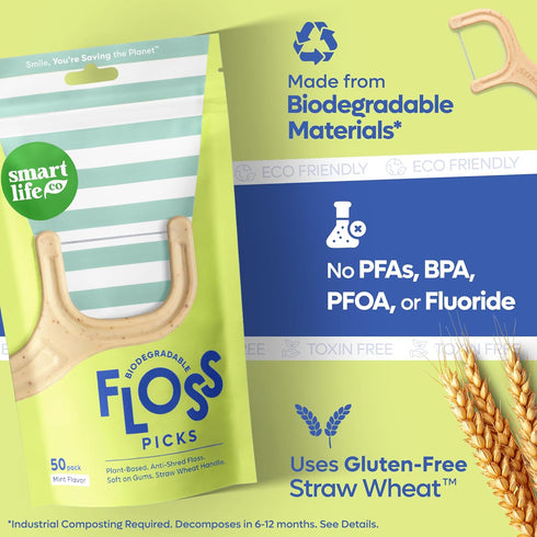 SmartLifeco Eco-Friendly Dental Floss Picks (200ct) - Original Straw Wheat Flossers, Vegan, Mint, Zero Waste