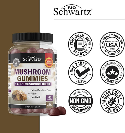Mushroom Gummies for Adults - 10-in-1 Functional Supplement for Mood and Focus, Vegan Raspberry Flavor, 60 Count