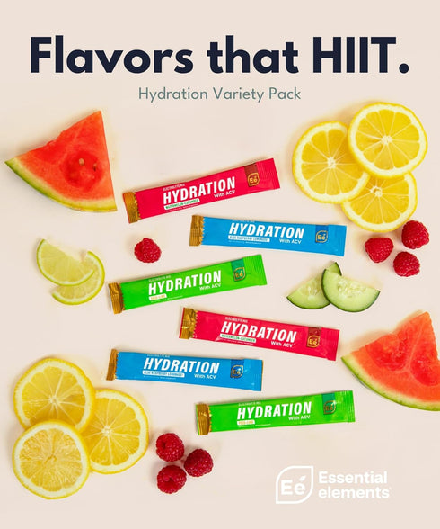 Essential Elements Hydration Packets - Sugar Free Electrolytes Variety Pack - 15 Stick Packs with ACV & Vitamin C