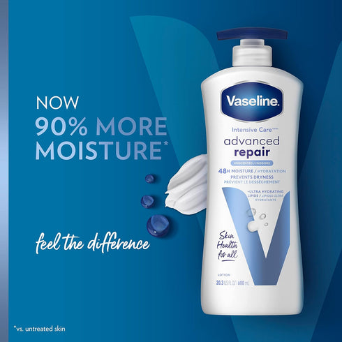 Vaseline Intensive Care Unscented Advanced Repair Body Lotion Pack of 3 - Ultra-Hydrating for Extremely Dry Skin