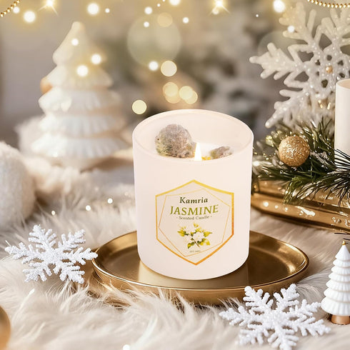 Kamria 7oz Jasmine Scented Candle with Crystals Inside, Natural Soy Wax Aromatherapy with Green Stones & Gold Flakes