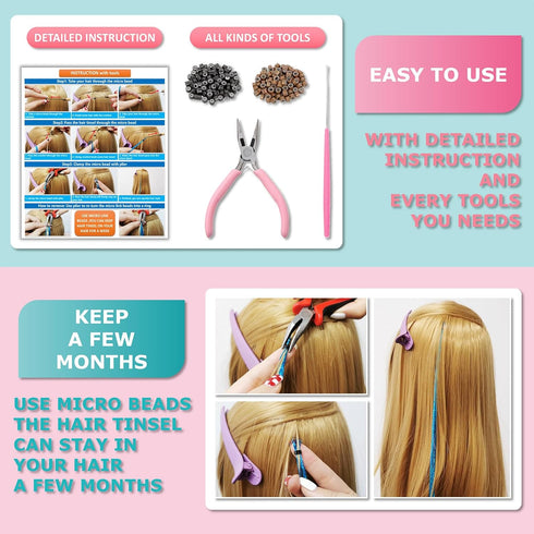 Pink Fairy Hair Tinsel Kit, 48 Inches 1200 Strands with Tools and Instruction, Glitter Tinsel Hair Extensions for Women
