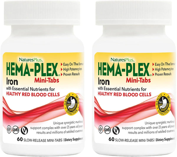 NaturesPlus Hema-Plex Iron - 60 Mini-Tabs, Pack of 2, 85 mg Elemental Iron + Vitamin C - 60 Servings