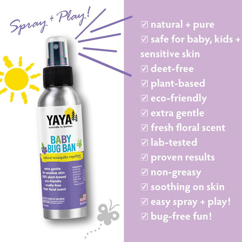 YAYA ORGANICS Baby Bug BAN – All-Natural Repellent for Babies, Children, Sensitive Skin, 4 Ounce Spray