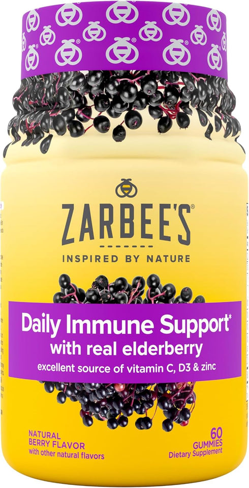Zarbee's Elderberry Gummy Daily Immune Support Supplement, 60 Count, Vitamins A, C, D, E & Zinc, Natural Berry Flavor