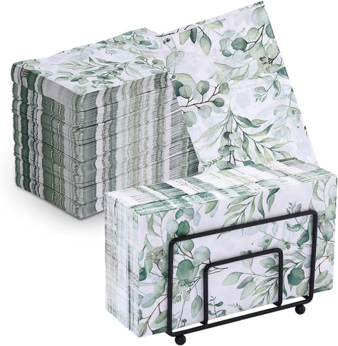 zjdbset 100Pcs Disposable Greenery Hand Towels and Metal Napkin Holder for Bathroom,Decorative Guest