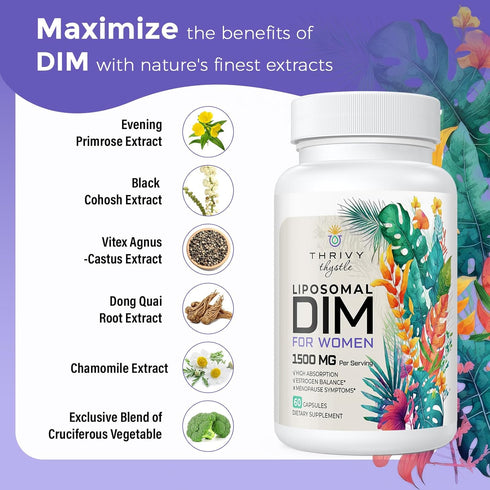 Liposomal DIM Supplement - 400mg for Women with Vitamin E & Evening Primrose - Vegetarian DIM Complex (1 Pack)