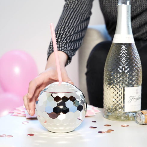 Blush Silver Disco Ball Cup with Straws - 16 Ounce Sparkly Glitter Cocktail Drink Tumbler, Party Supplies