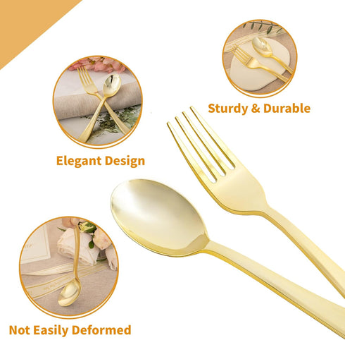 N9R 100 Pieces Gold Plastic Silverware Set, 50 Gold Spoons and 50 Forks for Parties, Catering, Weddings