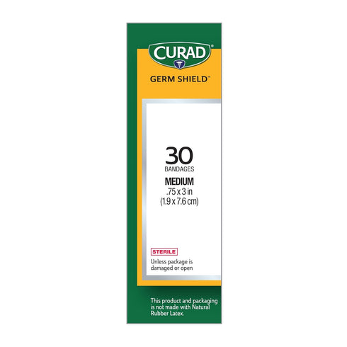 Wrapper.75" 3", 30 Count Curad Germ Shield Touch-Free Adhesive Bandage, Plastic Bandage with Easy Application x