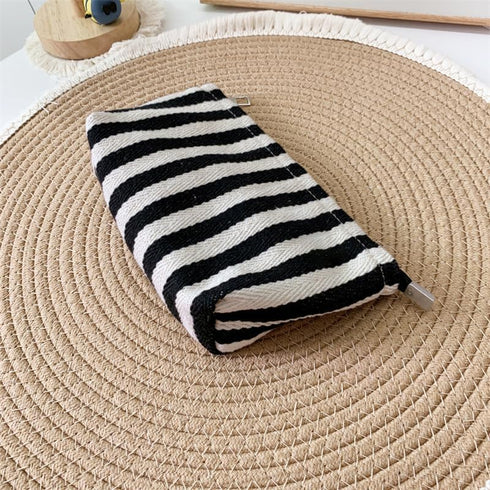 Small Black White Stripe Makeup Brush Bag, Zipper Pouch Organizer for Women Girls