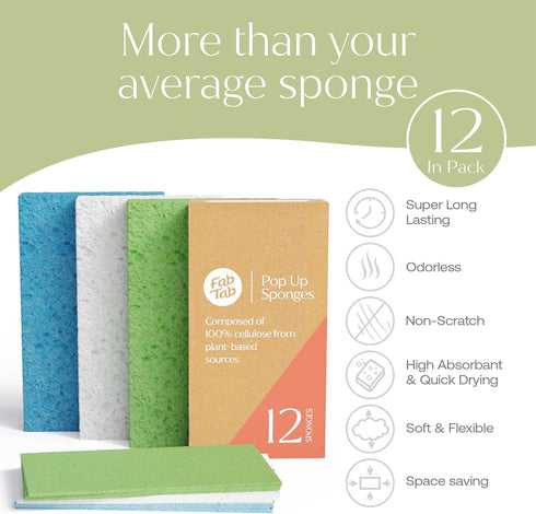 Plant-Based Pop-Up Sponges, Pack of 12 Cellulose Sponges, Highly Absorbent, Non Scratch