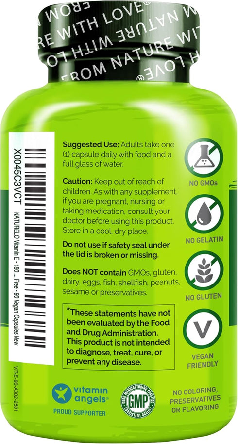NATURELO Vitamin E - 180 mg (300 IU) Natural Mixed Tocopherols from Organic Whole Foods, 90 Vegan Capsules