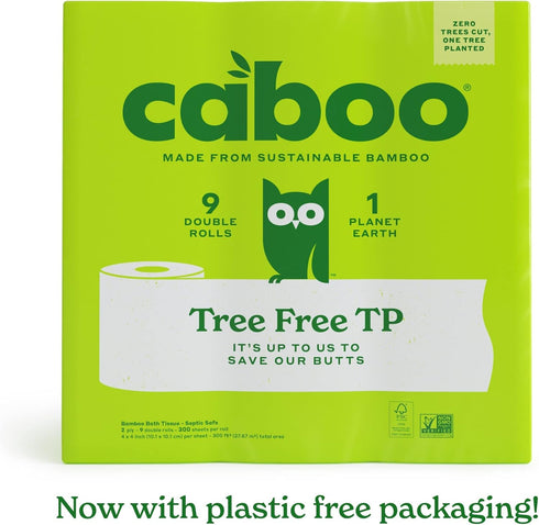 Caboo Tree Free Toilet Paper, Septic Safe Bath Tissue, Quick Dissolving 2 Ply Sheets - 300 Sheets Per Roll, 9 Double Rolls