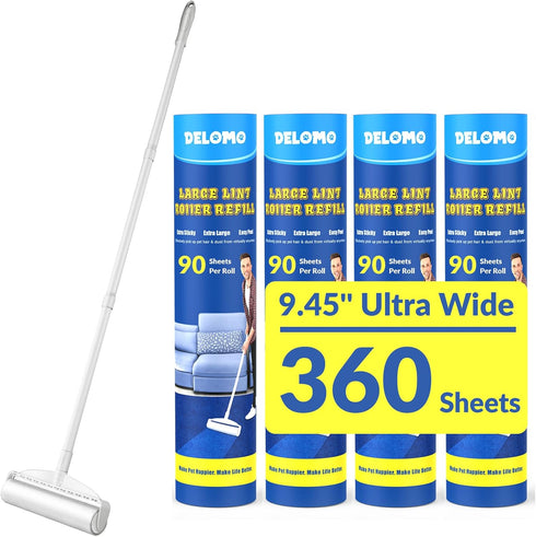 Large Lint Rollers for Carpet, DELOMO Sticky Rollers for Floor, 9.45 in with 3 Extendable Handle for Cleaning Carpets,