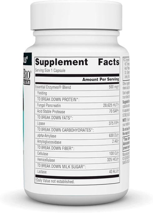 Source Naturals Essential Enzymes 500mg Bio-Aligned Multiple Enzyme Supplement Herbal Defense for Digestion, Gas, Constipation & Bloating Relief - Supports Immune System* - 60 Vegetarian Capsules