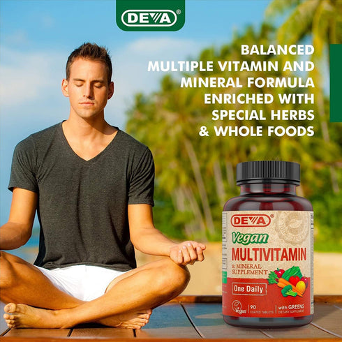 DEVA Vegan Multivitamin and Mineral Supplement - Once-Per-Day Formula with Greens, 90 Coated Tablets