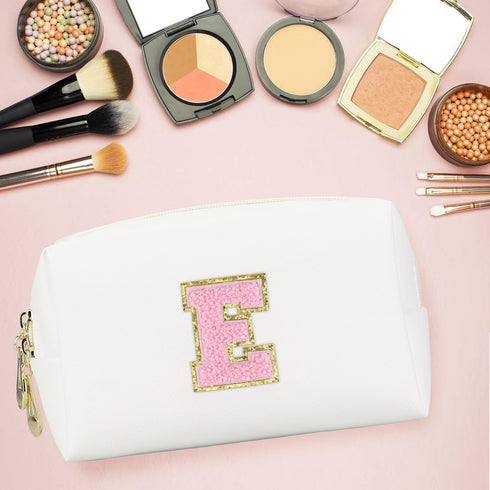 Initial Makeup Bag Personalized Waterproof PU Leather Chenille Letter Cosmetic Bag, Portable Travel Toiletry Bag