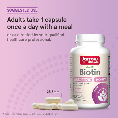 Jarrow Formulas Biotin Ultra Strength 5000 mcg, Hair, Skin, Nails Support, 100 Veggie Capsules