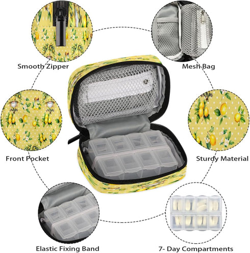 Skerhhux 7 Fruit Lemon Yellow Pill Case Travel Pill Organizer Weekly Day Portable with Zipper Medicine Box Pill Case