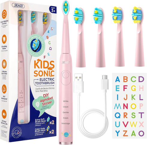 SEAGO Kids Electric Toothbrush, Sonic Soft Bristle Rechargeable, 5 Modes, Includes 4 Replacement Brush Heads, Ages 3-12