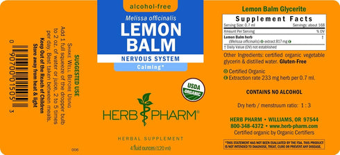 Herb Pharm Certified Organic Lemon Balm Liquid Extract for Calming Nervous System Support, 4 Ounce