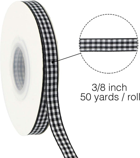 Midi Gingham Ribbon 3/8 Inch Black and White, 50 Continuous Yards Polyester Woven Edge Buffalo Plaid for Crafts