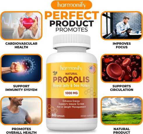 Bee Pollen Propolis Royal Jelly Extract | 1000 mg | Pure Immune Support Supplement | Gluten-Free, Vegetarian Capsules