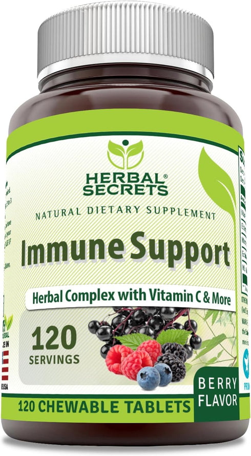 Herbal Secrets Immune Support 120 Count | Vitamin C & Elderberry | Berry Flavor Chewable Tablets