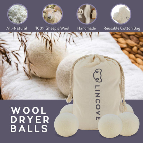 Wool Dryer Balls, 6 Pack – Natural Fabric Softener for Laundry, 100% Organic, Reusable for 1000+ Loads, Anti-Static, Reduces Drying Time, Baby Safe & Hypoallergenic comes with Lincove Storage Bag
