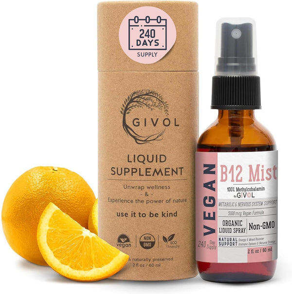 Organic Vegan Vitamin B12 Supplement Liquid Mist, 5,000mcg Methylcobalamin, Non-GMO, 240 Days Supply